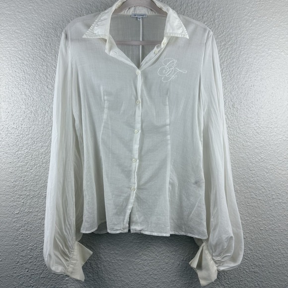 Vintage GF Ferre White Button Down Blouse Puffy Sleeves Made In Romania - Picture 1 of 11